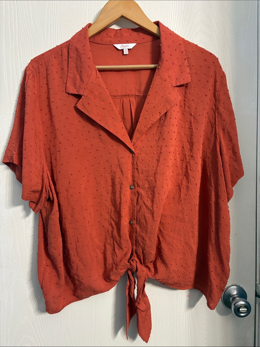 Candie's Rust Orange Tie-Front Short Sleeve Button-Up Blouse